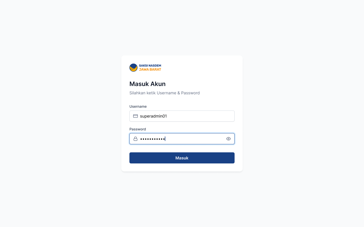 Admin login form with username and password
