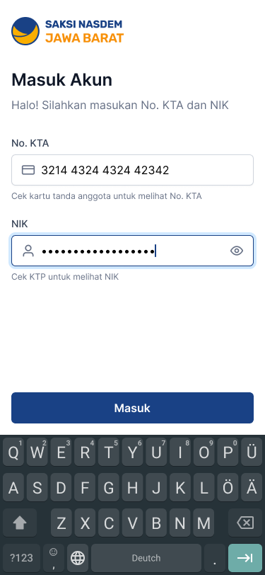 PIC login screen asking for No. KTA and NIK