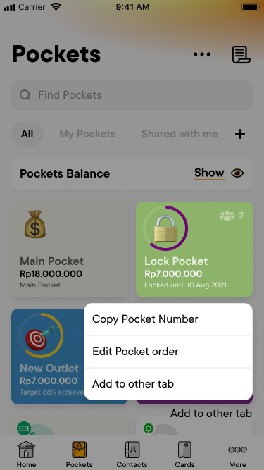 Long-press menu on a Pocket with Copy Pocket Number, Edit Pocket order and Add to other tab