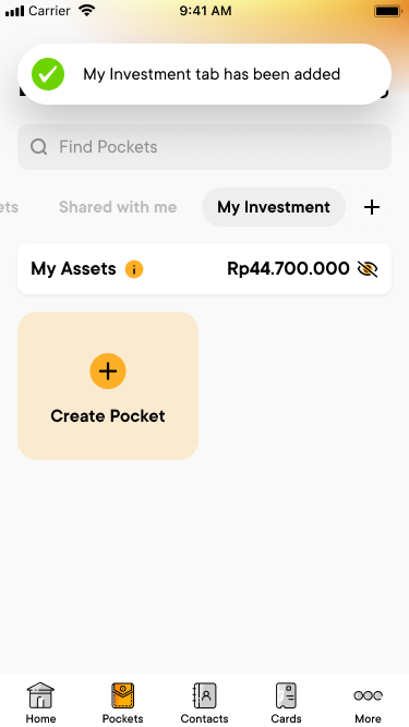 Toast saying the My Investment tab has been added, with the new empty tab selected