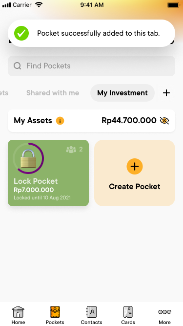 Toast saying the Pocket was successfully added to this tab, with Lock Pocket now in My Investment