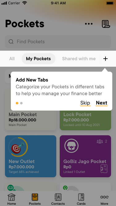 Tooltip pointing at the plus button: Add New Tabs, categorize your Pockets in different tabs, with Skip and Next