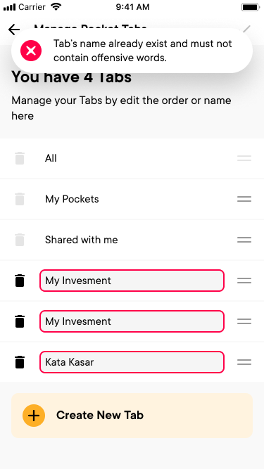 Manage Pocket Tabs with three tab names outlined in red and an error toast about a duplicate and offensive name
