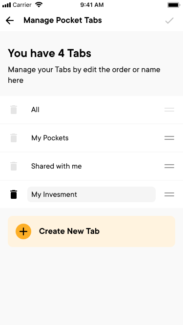 Manage Pocket Tabs screen listing four tabs with drag handles; only My Investment has a delete icon