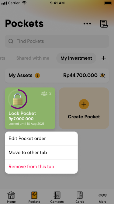 Long-press menu inside My Investment with Edit Pocket order, Move to other tab and Remove from this tab in red