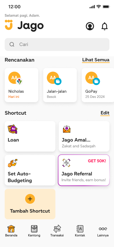 Home screen scrolled to Shortcut, with the Jago Referral shortcut outlined in purple