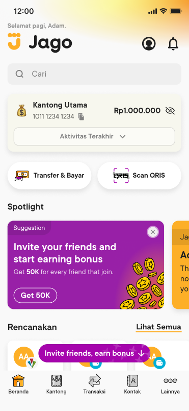 Jago app home screen with a purple floating nudge reading Invite friends, earn bonus